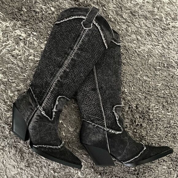 NWT Zara Rhinestone Denim Cowboy Boots - Picture 11 of 12